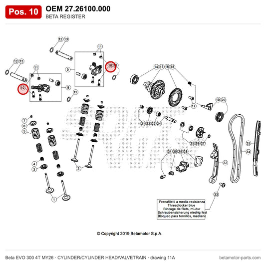 BETA REGISTER – OEM 27.26100.000, position 10 on the Beta EVO 300 4T MY26 cylinder/cylinder head/valvetrain drawing