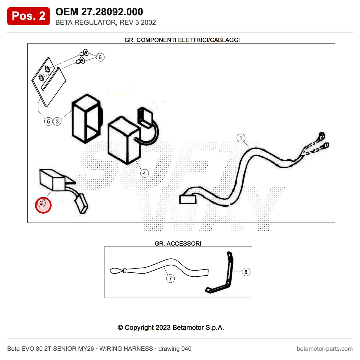 BETA REGULATOR, REV 3 2002 – OEM 27.28092.000, position 2 on the Beta EVO 80 2T SENIOR MY26 wiring harness drawing