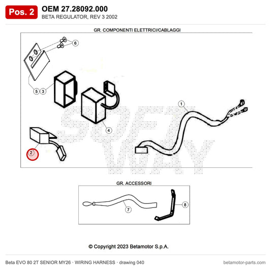 BETA REGULATOR, REV 3 2002 – OEM 27.28092.000, position 2 on the Beta EVO 80 2T SENIOR MY26 wiring harness drawing