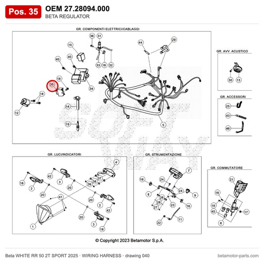BETA REGULATOR – OEM 27.28094.000, position 35 on the Beta WHITE RR 50 2T SPORT 2025 wiring harness drawing