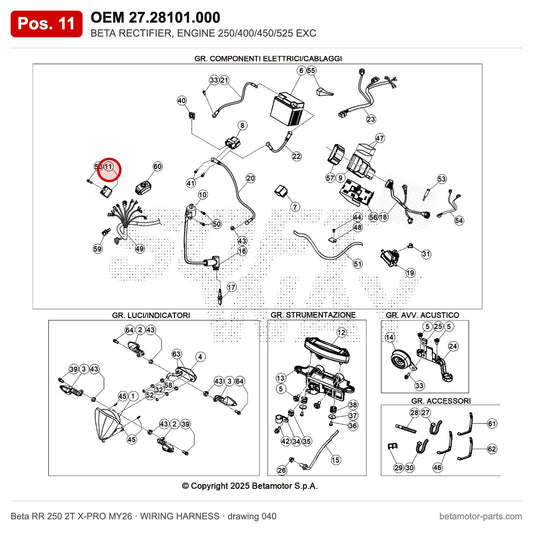 BETA RECTIFIER, ENGINE 250/400/450/525 EXC – OEM 27.28101.000, position 11 on the Beta RR 250 2T X-PRO MY26 wiring harness drawing