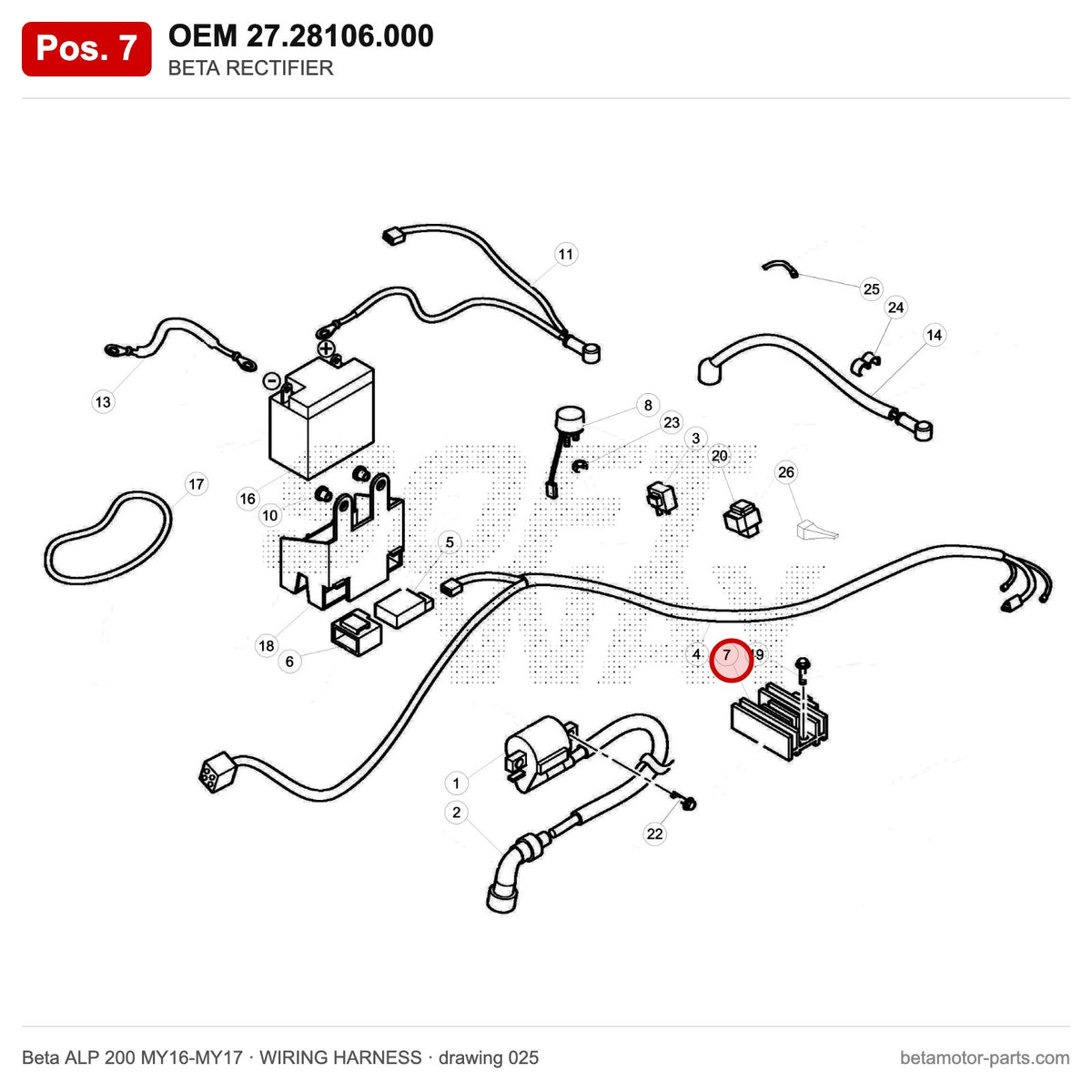 BETA RECTIFIER – OEM 27.28106.000, position 7 on the Beta ALP 200 MY16-MY17 wiring harness drawing