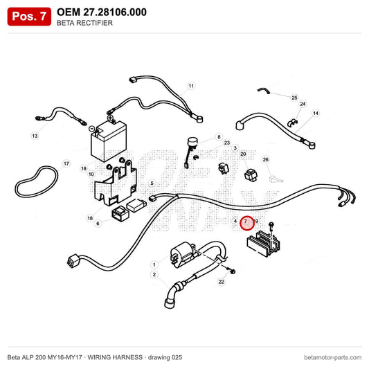 BETA RECTIFIER – OEM 27.28106.000, position 7 on the Beta ALP 200 MY16-MY17 wiring harness drawing