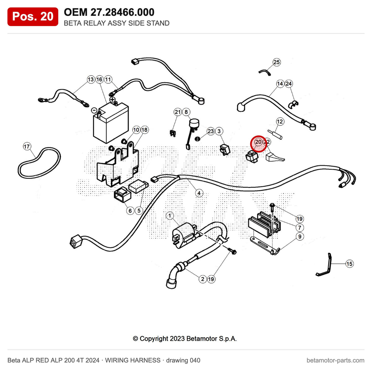 BETA RELAY ASSY SIDE STAND – OEM 27.28466.000, position 20 on the Beta ALP RED ALP 200 4T 2024 wiring harness drawing
