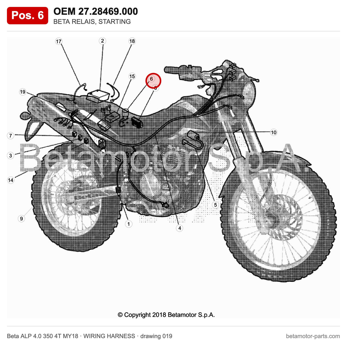 BETA RELAIS, STARTING – OEM 27.28469.000, position 6 on the Beta ALP 4.0 350 4T MY18 wiring harness drawing