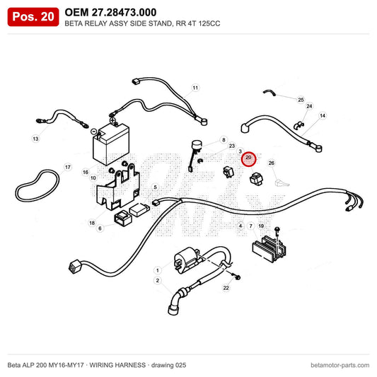 BETA RELAY ASSY SIDE STAND, RR 4T 125CC – OEM 27.28473.000, position 20 on the Beta ALP 200 MY16-MY17 wiring harness drawing