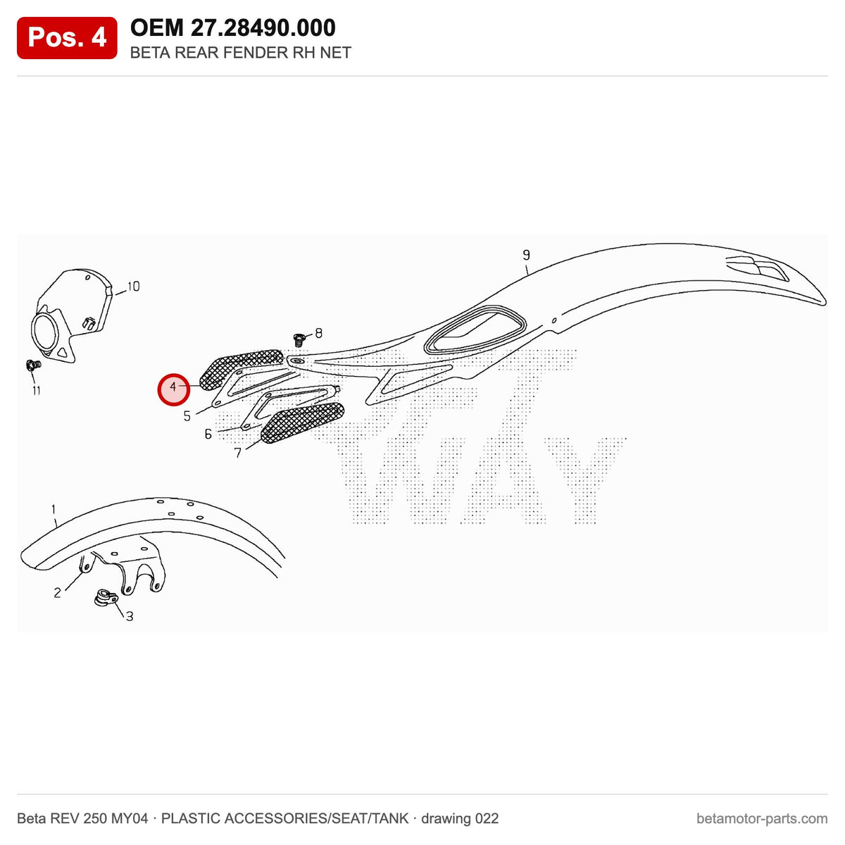 BETA REAR FENDER RH NET – OEM 27.28490.000, position 4 on the Beta REV 250 MY04 plastic accessories/seat/tank drawing