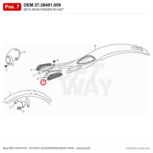 BETA REAR FENDER RH NET – OEM 27.28491.059, position 7 on the Beta REV 250 MY05 plastic accessories/seat/tank drawing