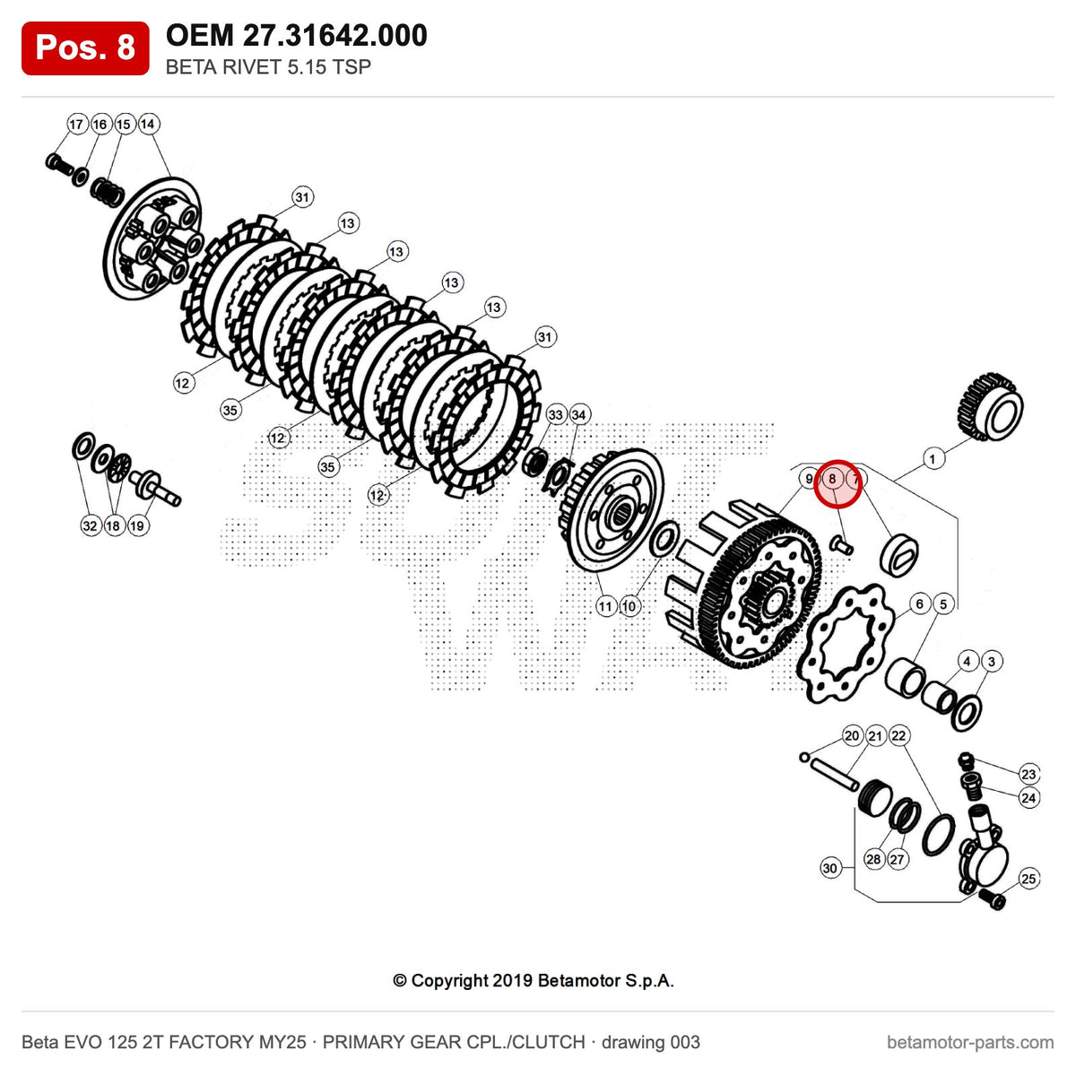 BETA RIVET 5.15 TSP – OEM 27.31642.000, position 8 on the Beta EVO 125 2T FACTORY MY25 primary gear cpl./clutch drawing