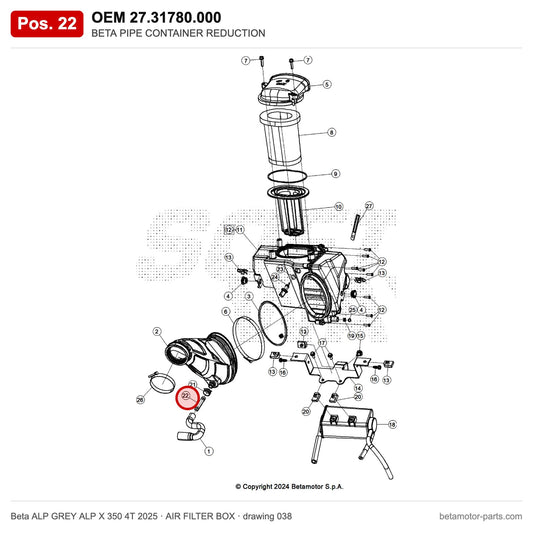 BETA PIPE CONTAINER REDUCTION – OEM 27.31780.000, position 22 on the Beta ALP GREY ALP X 350 4T 2025 air filter box drawing