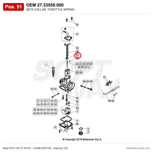BETA COLLAR, THROTTLE SPRING – OEM 27.33550.000, position 51 on the Beta EVO 125 2T MY25 carburetor drawing