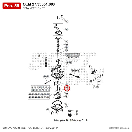 BETA NEEDLE JET – OEM 27.33551.000, position 55 on the Beta EVO 125 2T MY25 carburetor drawing