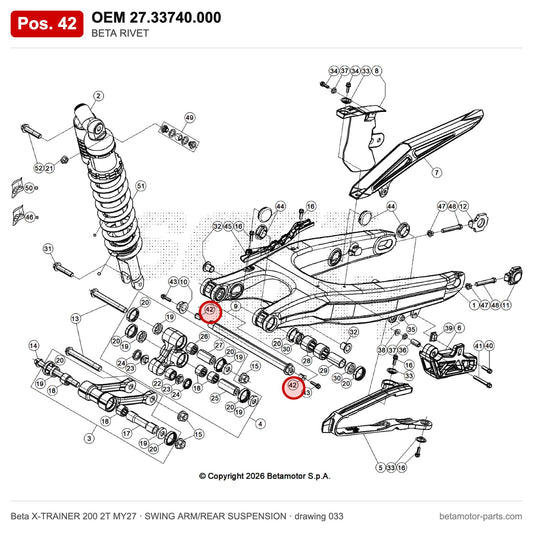 BETA RIVET – OEM 27.33740.000, position 42 on the Beta X-TRAINER 200 2T MY27 swing arm/rear suspension drawing
