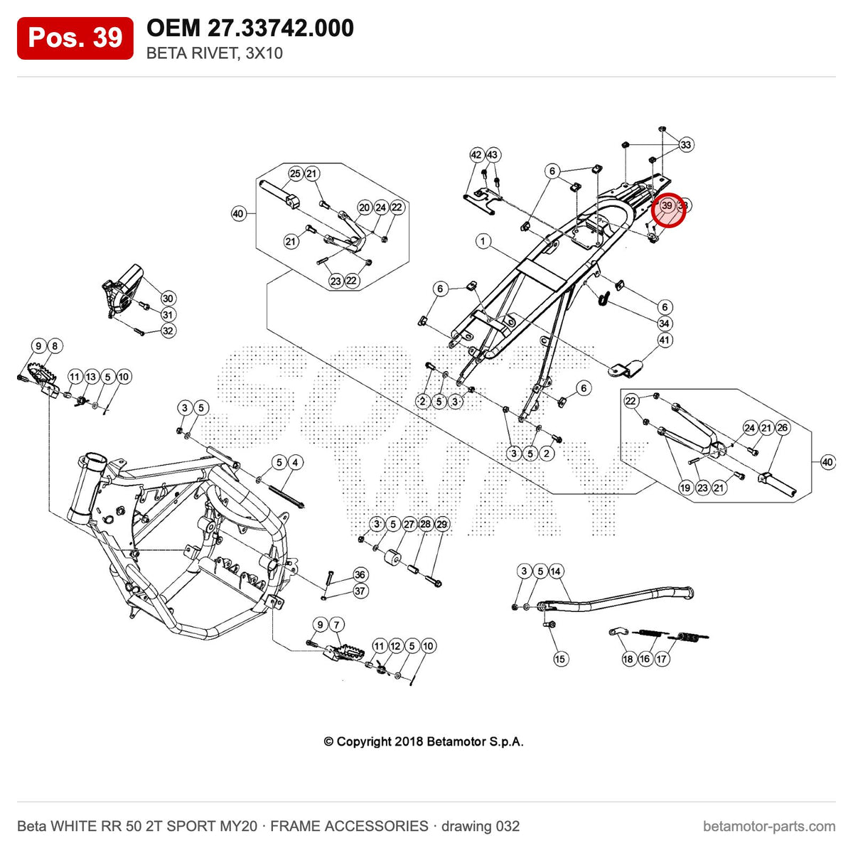BETA RIVET, 3X10 – OEM 27.33742.000, position 39 on the Beta WHITE RR 50 2T SPORT MY20 frame accessories drawing