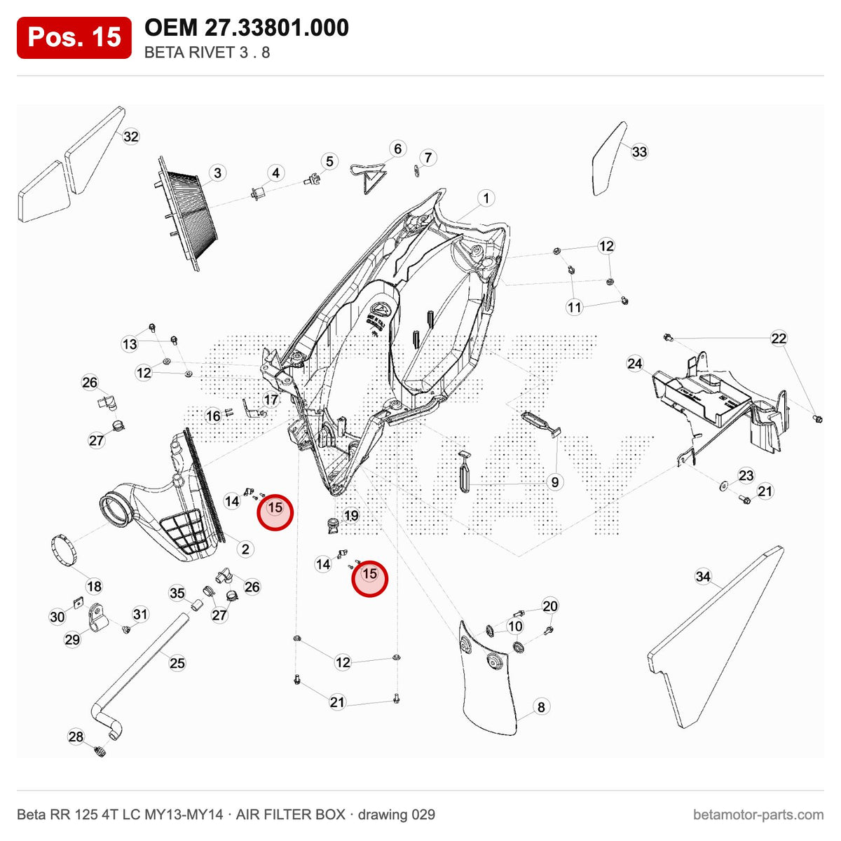 BETA RIVET 3 . 8 – OEM 27.33801.000, position 15 on the Beta RR 125 4T LC MY13-MY14 air filter box drawing