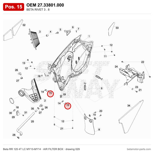 BETA RIVET 3 . 8 – OEM 27.33801.000, position 15 on the Beta RR 125 4T LC MY13-MY14 air filter box drawing