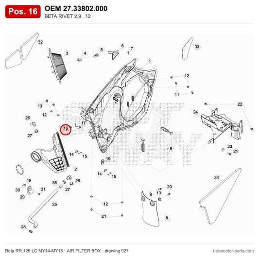 BETA RIVET 2,9 . 12 – OEM 27.33802.000, position 16 on the Beta RR 125 LC MY14-MY15 air filter box drawing