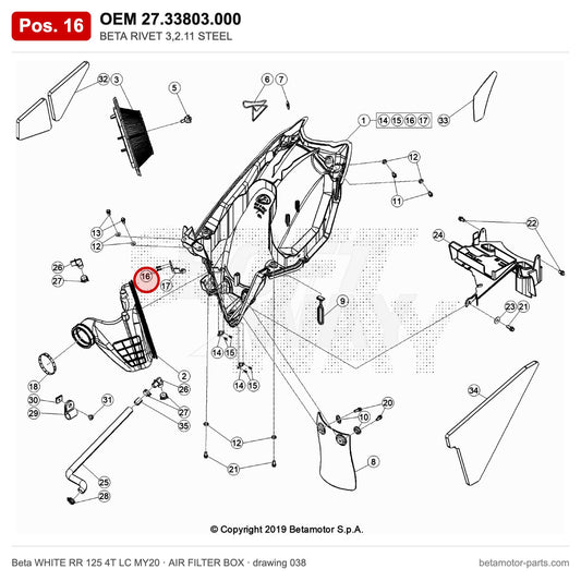 BETA RIVET 3,2.11 STEEL – OEM 27.33803.000, position 16 on the Beta WHITE RR 125 4T LC MY20 air filter box drawing