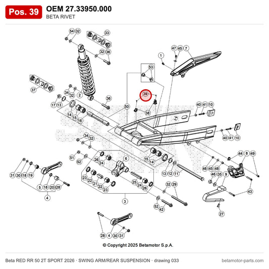 BETA RIVET – OEM 27.33950.000, position 39 on the Beta RED RR 50 2T SPORT 2026 swing arm/rear suspension drawing