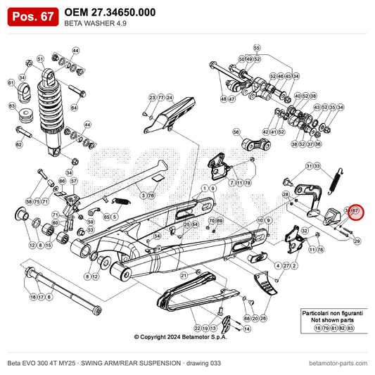 BETA WASHER 4.9 – OEM 27.34650.000, position 67 on the Beta EVO 300 4T MY25 swing arm/rear suspension drawing