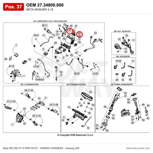 BETA WASHER 4.16 – OEM 27.34800.000, position 37 on the Beta RR 350 4T X-PRO MY27 wiring harness drawing