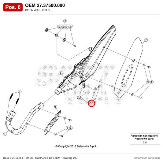 BETA WASHER 6 – OEM 27.37500.000, position 6 on the Beta EVO 300 4T MY26 exhaust system drawing