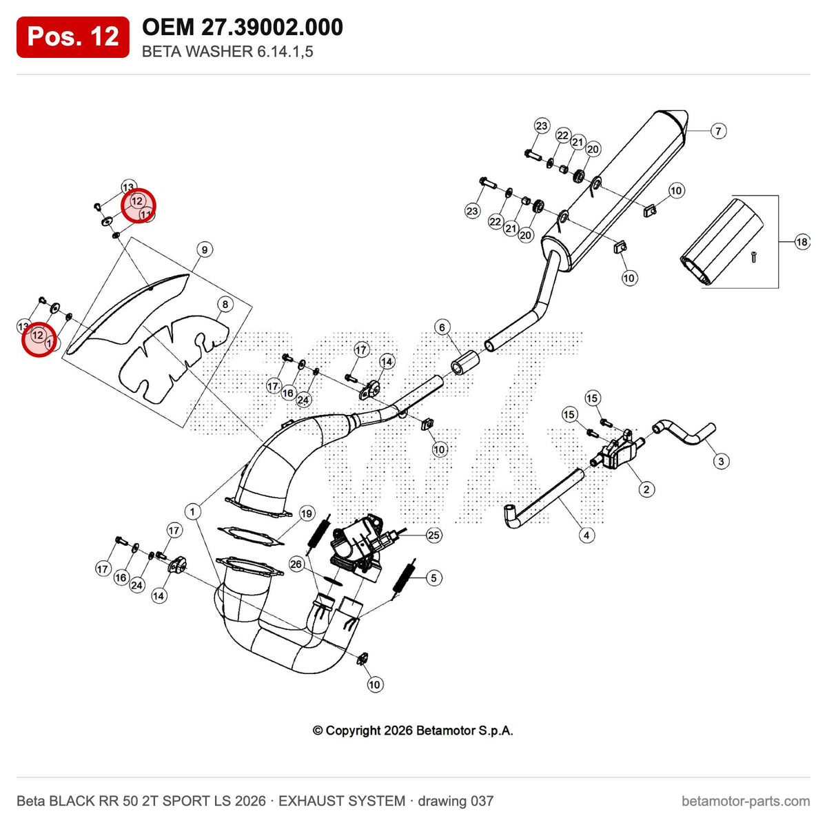BETA WASHER 6.14.1,5 – OEM 27.39002.000, position 12 on the Beta BLACK RR 50 2T SPORT LS 2026 exhaust system drawing