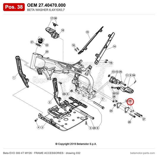 BETA WASHER 6,4X10X0,7 – OEM 27.40470.000, position 38 on the Beta EVO 300 4T MY26 frame accessories drawing