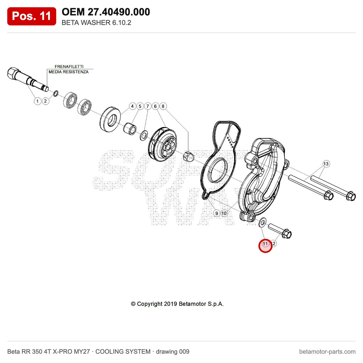 BETA WASHER 6.10.2 – OEM 27.40490.000, position 11 on the Beta RR 350 4T X-PRO MY27 cooling system drawing