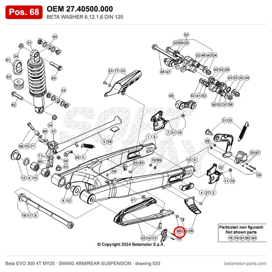 BETA WASHER 6.12.1,6 DIN 125 – OEM 27.40500.000, position 68 on the Beta EVO 300 4T MY25 swing arm/rear suspension drawing