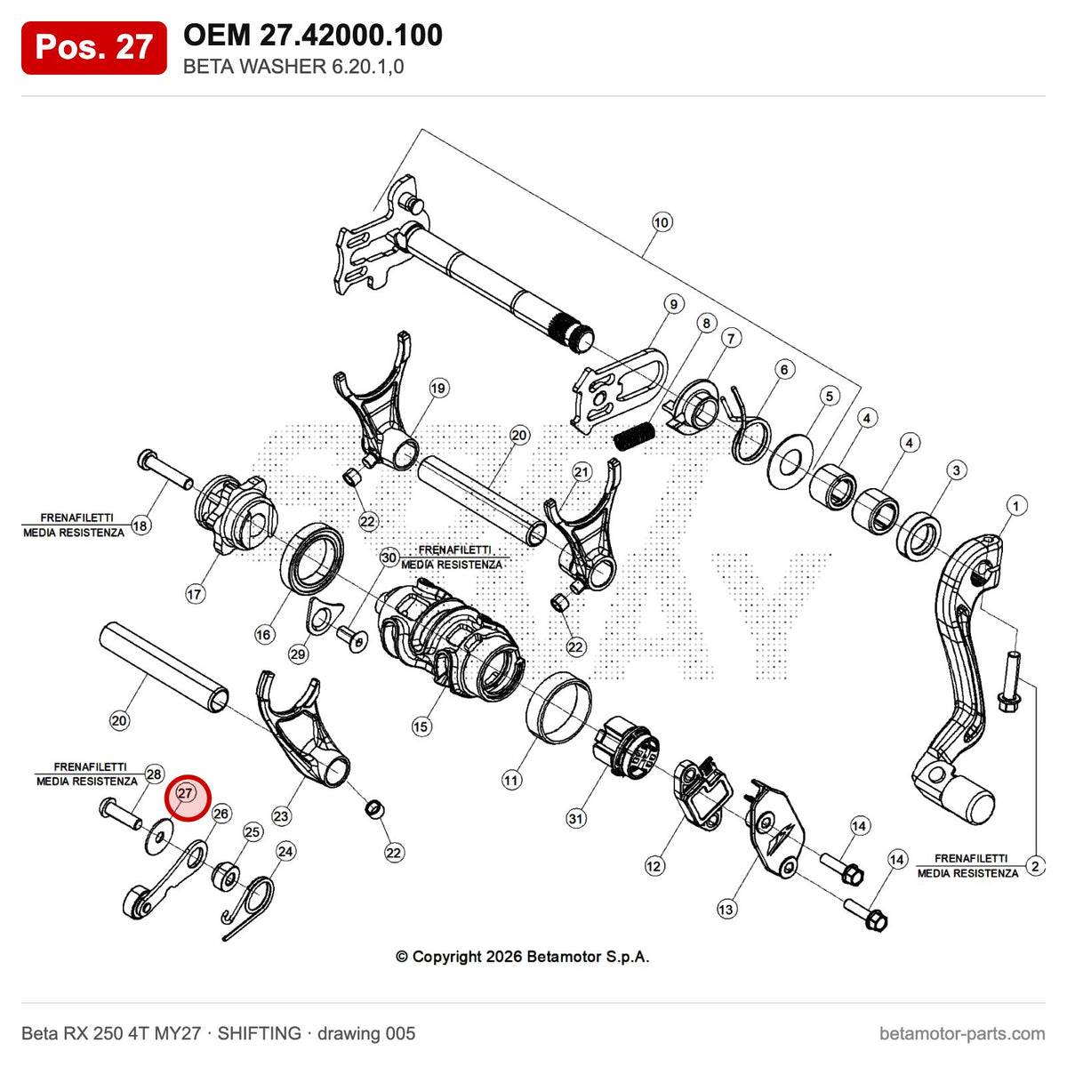 BETA WASHER 6.20.1,0 – OEM 27.42000.100, position 27 on the Beta RX 250 4T MY27 shifting drawing