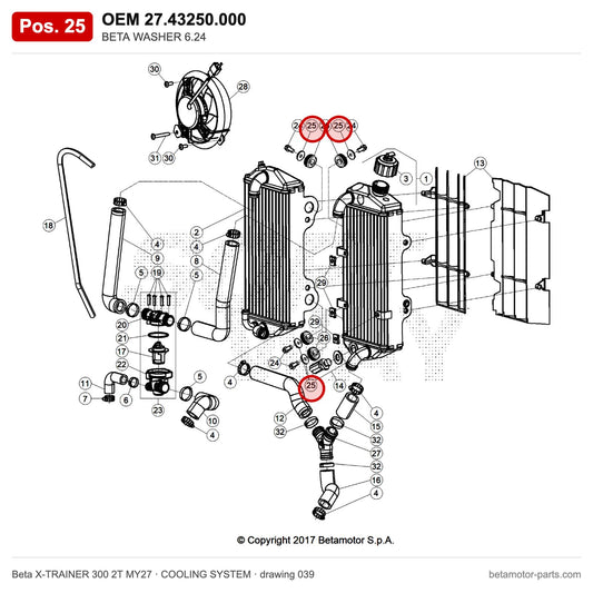 BETA WASHER 6.24 – OEM 27.43250.000, position 25 on the Beta X-TRAINER 300 2T MY27 cooling system drawing