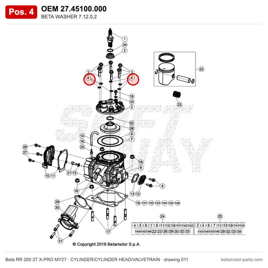 BETA WASHER 7.12.0,2 – OEM 27.45100.000, position 4 on the Beta RR 200 2T X-PRO MY27 cylinder/cylinder head/valvetrain drawing