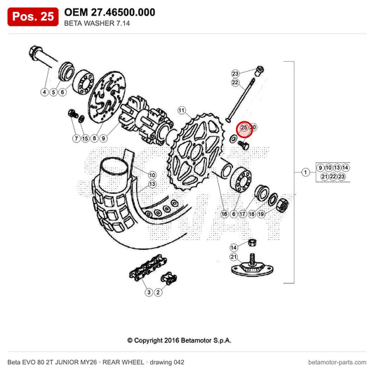 BETA WASHER 7.14 – OEM 27.46500.000, position 25 on the Beta EVO 80 2T JUNIOR MY26 rear wheel drawing