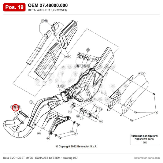 BETA WASHER 8 GROWER – OEM 27.48000.000, position 19 on the Beta EVO 125 2T MY25 exhaust system drawing