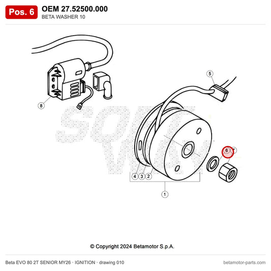 BETA WASHER 10 – OEM 27.52500.000, position 6 on the Beta EVO 80 2T SENIOR MY26 ignition drawing