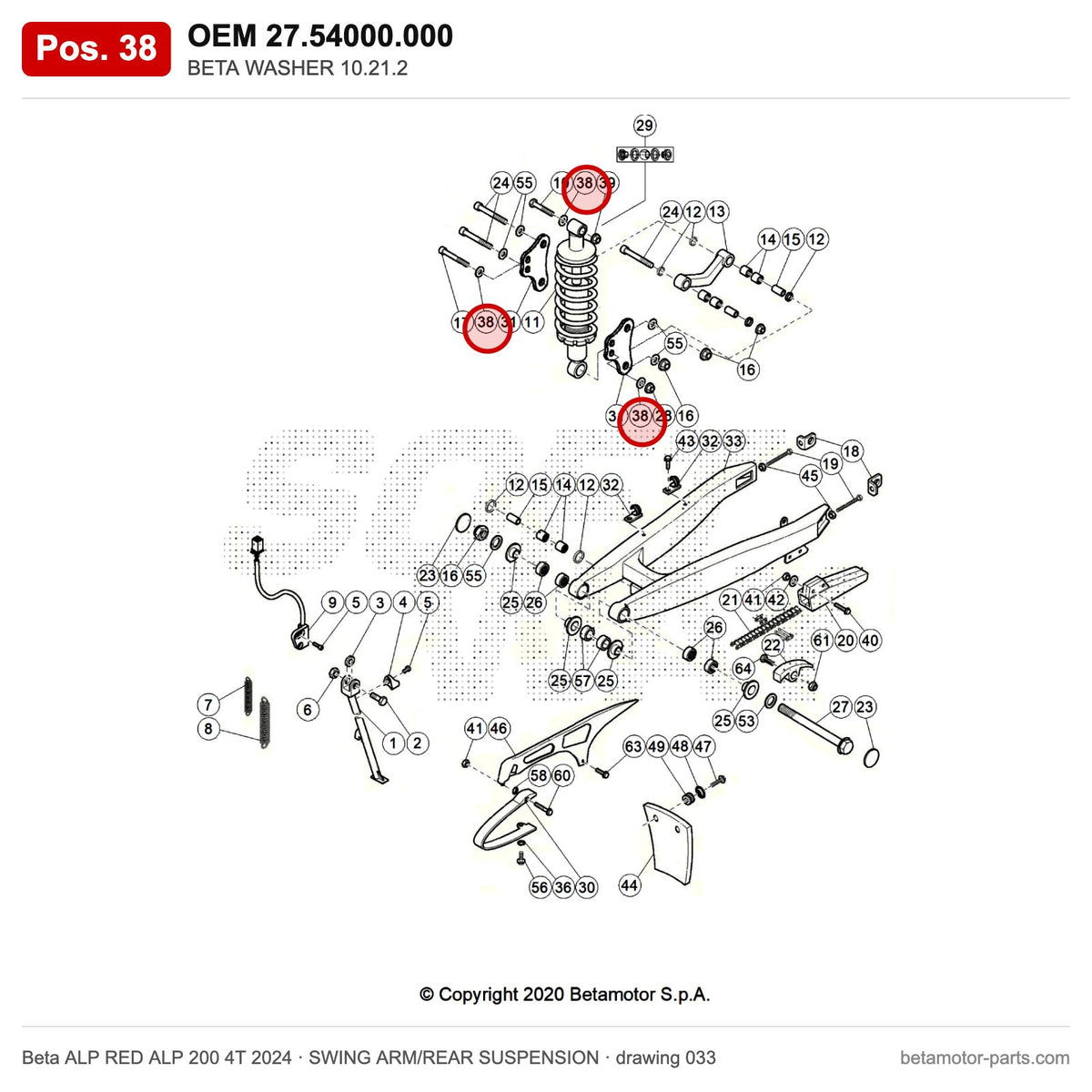 BETA WASHER 10.21.2 – OEM 27.54000.000, position 38 on the Beta ALP RED ALP 200 4T 2024 swing arm/rear suspension drawing