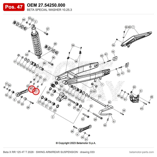 BETA SPECIAL WASHER 10.25.3 – OEM 27.54250.000, position 47 on the Beta X RR 125 4T T 2026 swing arm/rear suspension drawing