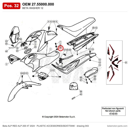 BETA WASHER 12 – OEM 27.55000.000, position 32 on the Beta ALP RED ALP 200 4T 2024 plastic accessories/seat/tank drawing