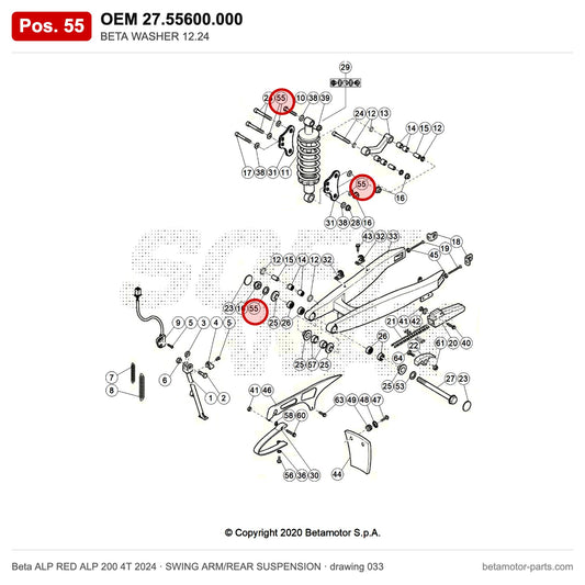 BETA WASHER 12.24 – OEM 27.55600.000, position 55 on the Beta ALP RED ALP 200 4T 2024 swing arm/rear suspension drawing