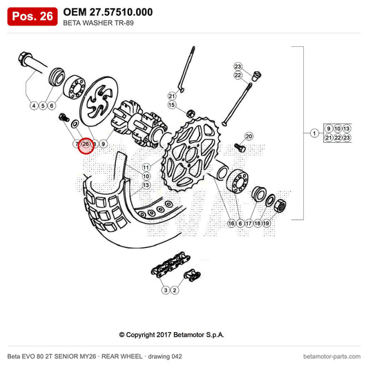 BETA WASHER TR-89 – OEM 27.57510.000, position 26 on the Beta EVO 80 2T SENIOR MY26 rear wheel drawing