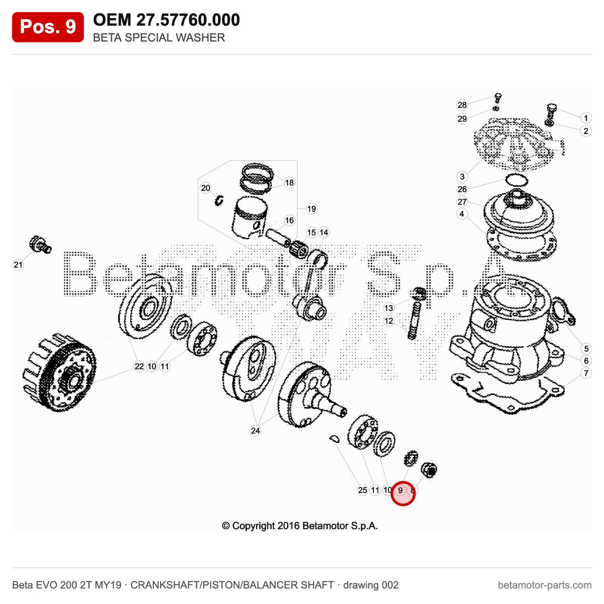 BETA SPECIAL WASHER – OEM 27.57760.000, position 9 on the Beta EVO 200 2T MY19 crankshaft/piston/balancer shaft drawing