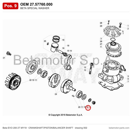 BETA SPECIAL WASHER – OEM 27.57760.000, position 9 on the Beta EVO 200 2T MY19 crankshaft/piston/balancer shaft drawing