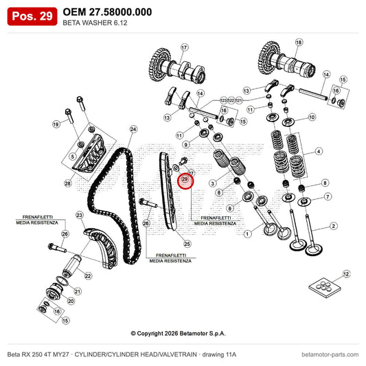 BETA WASHER 6.12 – OEM 27.58000.000, position 29 on the Beta RX 250 4T MY27 cylinder/cylinder head/valvetrain drawing