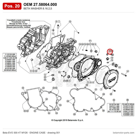 BETA WASHER 8.16.2,5 – OEM 27.58064.000, position 20 on the Beta EVO 300 4T MY26 engine case drawing