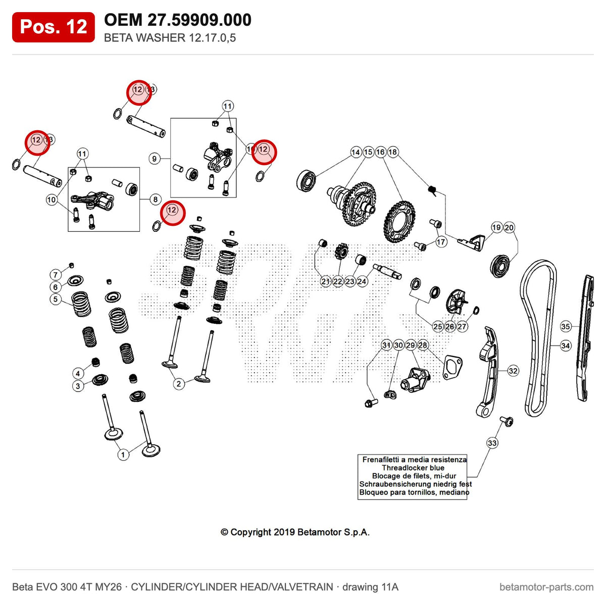 BETA WASHER 12.17.0,5 – OEM 27.59909.000, position 12 on the Beta EVO 300 4T MY26 cylinder/cylinder head/valvetrain drawing