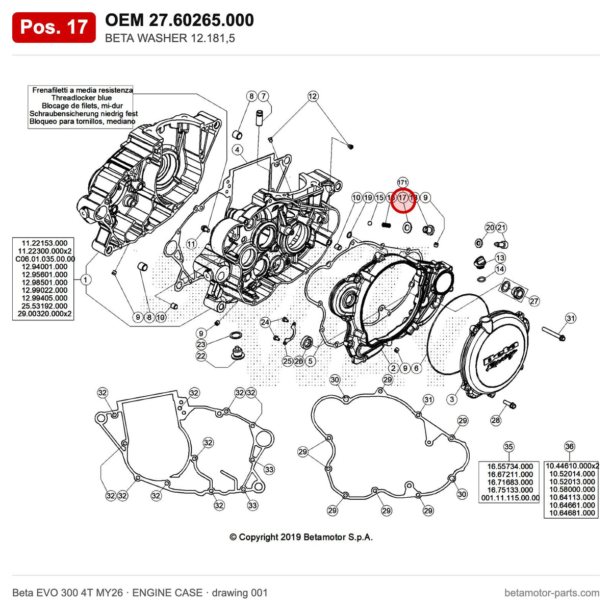 BETA WASHER 12.181,5 – OEM 27.60265.000, position 17 on the Beta EVO 300 4T MY26 engine case drawing