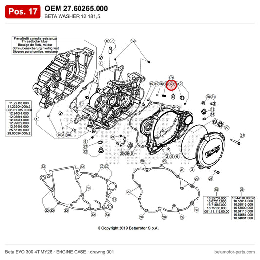 BETA WASHER 12.181,5 – OEM 27.60265.000, position 17 on the Beta EVO 300 4T MY26 engine case drawing
