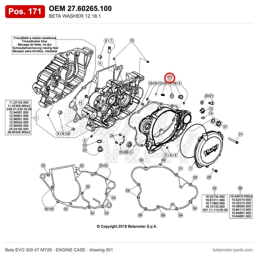 BETA WASHER 12.18.1 – OEM 27.60265.100, position 171 on the Beta EVO 300 4T MY26 engine case drawing
