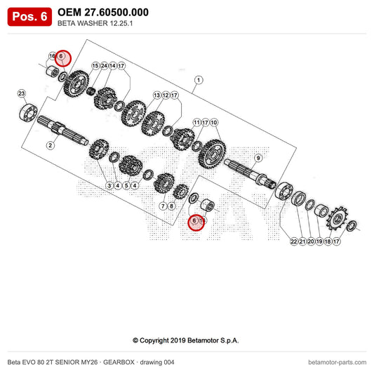 BETA WASHER 12.25.1 – OEM 27.60500.000, position 6 on the Beta EVO 80 2T SENIOR MY26 gearbox drawing